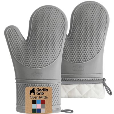 GORILLA GRIP BPA-Free Soft Silicone Oven Mitts, 550F Heat Resistant Waterproof Cooking Safety Gloves, Thick Cotton Lining, Flexible Gripping for BBQ Grilling, Kitchen Potholders Set, 12.5x8.3, Gray