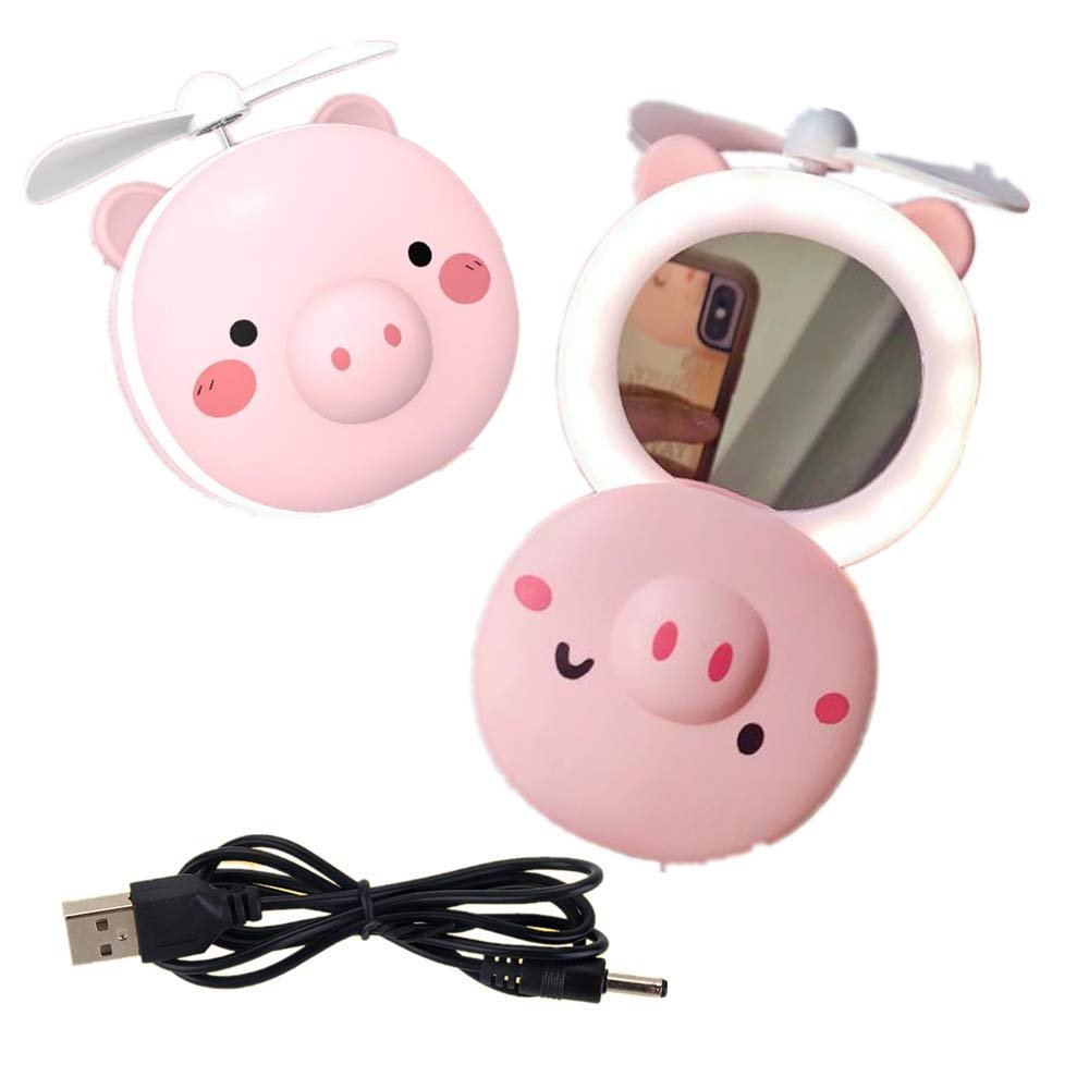 Sunday 7 Cartoon Styling USB Charging Fan with LED Makeup Mirror Portable Handheld mini Fan (Pink Lovely Pig)