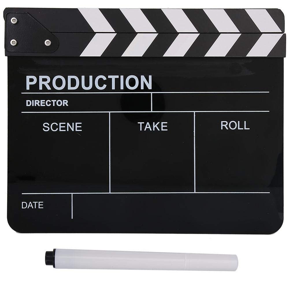 Portable Movie Film Clap Board,Acrylic Scene Director Action Clapperboard with Pen for Shoot Props/Advertisement/Home Decoration/Background, etc(Black)