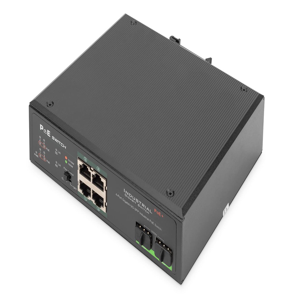 Digitus Industrial Gigabit Ethernet PoE+ Switch 4-Port PoE + 2-Port SFP, 802.3at, DIN Rail