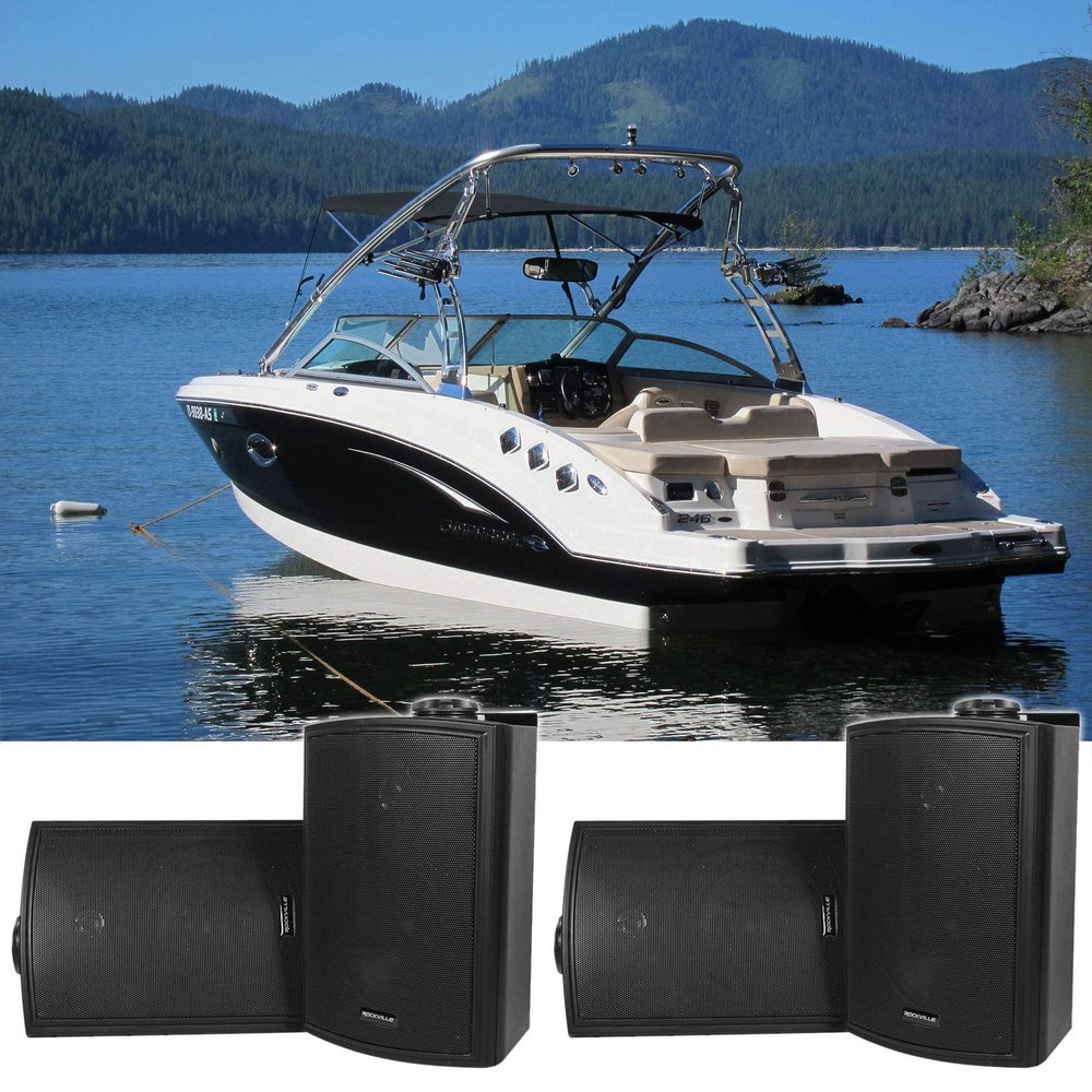 Rockville HP5S-8 BK 5.25" 420W Peak/140W RMS per Pair Marine Outdoor/Indoor Wall Mount Speakers, 8-Ohm, Weather Resistant, Swivel Brackets, Paintable Grill, for Boats, 4-Piece