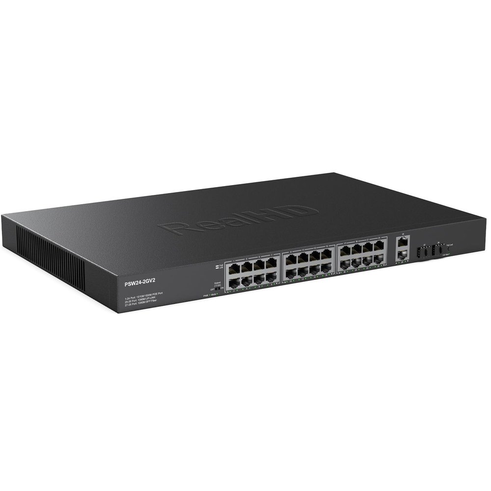 24 Port Full Gigabit PoE Switch with 2 Uplink Gigabit Port & 2 SFP Port, 24 Port PoE+ Network Switch, Total Budget 400W, 48V Standard POE, 802.3af/at Compliant, Unmanaged Plug and Play, Rack Mount