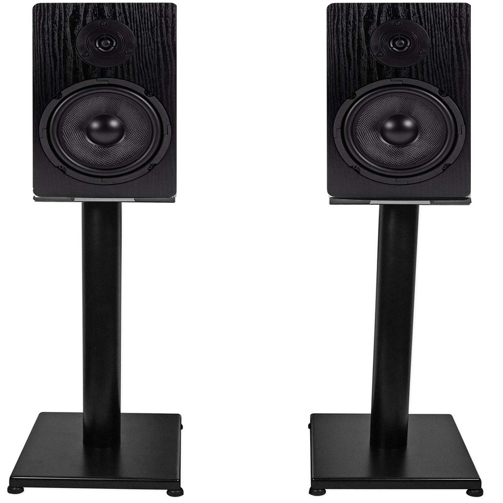 Rockville RockShelf 64B Bundle: Pair 6.5 in 400W Peak / 100W RMS Home Theater Bookshelf Speakers 4 Ohm, (2) RS21B 21 in Steel Speaker Stands, Black Finish, 4-Items