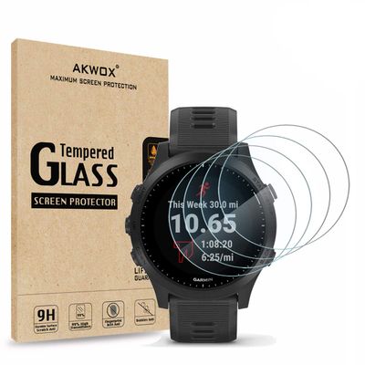 AKWOX (Pack of 4) Tempered Glass Screen Protector for Garmin Forerunner 945, [0.3mm 2.5D High Definition 9H] Premium Clear Screen Protector for Garmin Forerunner 945