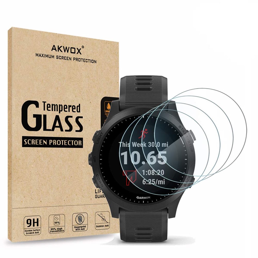AKWOX (Pack of 4) Tempered Glass Screen Protector for Garmin Forerunner 945, [0.3mm 2.5D High Definition 9H] Premium Clear Screen Protector for Garmin Forerunner 945