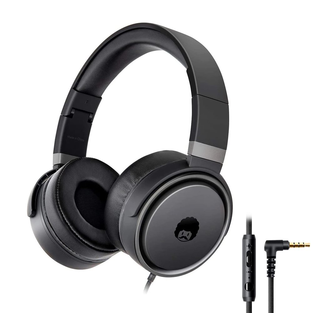 rockpapa Grade Wired Headphones with Microphone, Lightweight Foldable Stereo Bass Headphones with No-Tangle Cord & 3.5mm Jack for Adult/Kids, Laptop Tablet Airplane Chromebooks Black/Grey