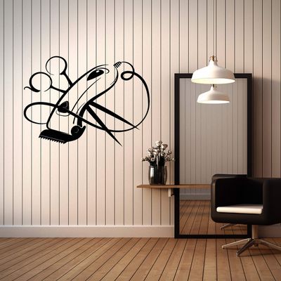 Wallstickers4you Vinyl Wall Decal Hair Clipper Scissors Haircut Barbershop Logo Stickers (3756ig)