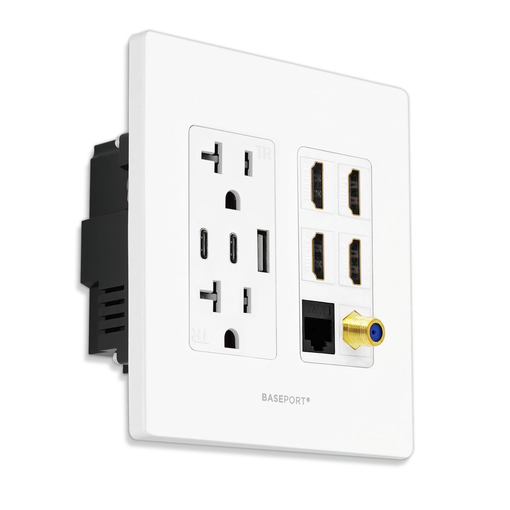 BASEPORT Premium HDMI Outlet Wall Plate with 36W USB Receptacle 1 USB-A 2 USB-C, Duplex 20 Amp Outlets, 4 HDMI, Coax Keystone, Cat6 Rj45 Ethernet Wall Plate, Double Gang, White