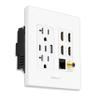 BASEPORT Premium HDMI Outlet Wall Plate with 36W USB Receptacle 1 USB-A 2 USB-C, Duplex 20 Amp Outlets, 4 HDMI, Coax Keystone, Cat6 Rj45 Ethernet Wall Plate, Double Gang, White view 1