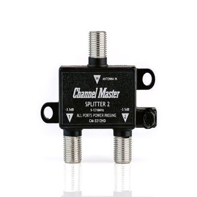 Channel Master Splitter 2 | 2-Way Splitter Distributes Digital HDTV Antenna Signal to 2 TVs, One Input and Two Outputs, Power Passing for Preamplifiers and Boosters, Low-Loss Design, Indoor/Outdoor