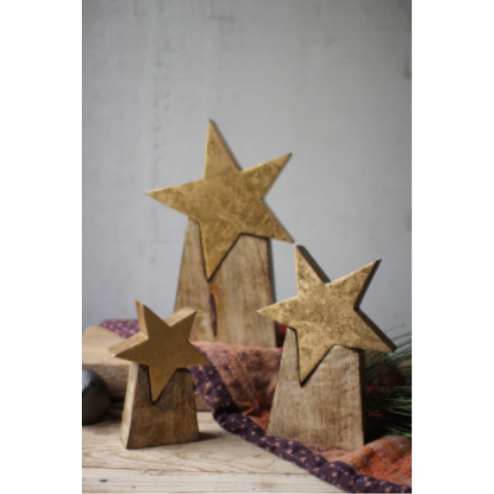 Kalalou NNV1008 Set of Three Wooden Star On Base, Natural