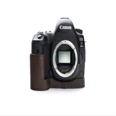 5D Mark IV Camera Case, BolinUS Handmade Genuine Real Leather Half Camera Case Bag Cover for Canon Eos 5D Mark IV Camera Bottom Opening Version + Hand Strap (Coffee)
