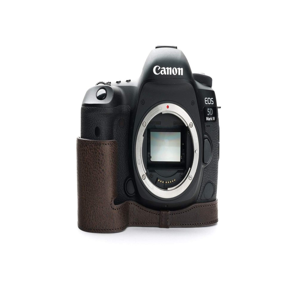 5D Mark IV Camera Case, BolinUS Handmade Genuine Real Leather Half Camera Case Bag Cover for Canon Eos 5D Mark IV Camera Bottom Opening Version + Hand Strap (Coffee)