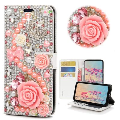 STENES Bling Wallet Case Compatible with LG Stylo 4 - Stylish - 3D Handmade Crystal Rose Crown Bowknot Flowers Magnetic Wallet Design Leather Cover Case - Pink