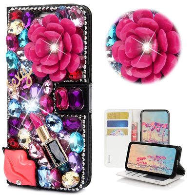 STENES Bling Wallet Case Compatible with Google Pixel XL - Stylish - 3D Handmade Crystal Rose Sexy Lips Lipstick Magnetic Wallet Design Leather Cover Case - Red