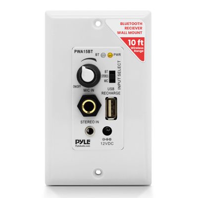 Pyle Bluetooth Receiver Wall Mount - in-Wall Audio Control with Built-in Amplifier | USB, Microphone, Aux (3.5mm) Input | Terminal Block | Connect 2 Speakers | 100 Watt - PWA15BT.5