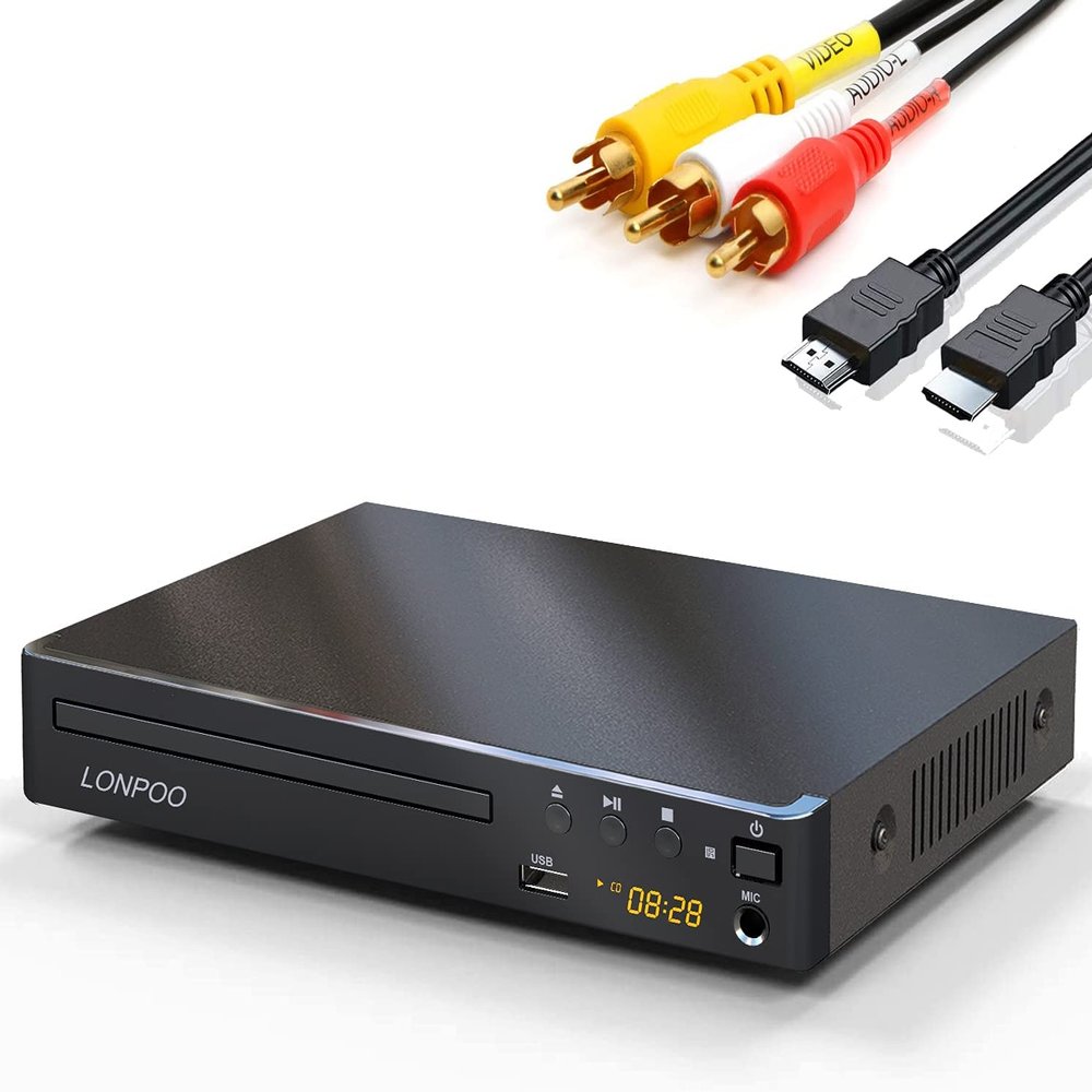 DVD Players HDMI for TV, LONPOO Compact Multi Region DVD CD Player with Full HD Picture Quality,Anti-Skip,No Picture Freeze,Noise Cancellation,Microphone Port,USB Playback,HDMI & AV Cable Included