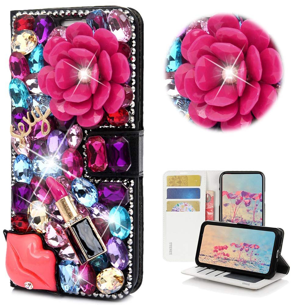 STENES Bling Wallet Case Compatible with LG Stylo 2 - Stylish - 3D Handmade Crystal Rose Sexy Lips Lipstick Magnetic Wallet Design Leather Cover Case - Red