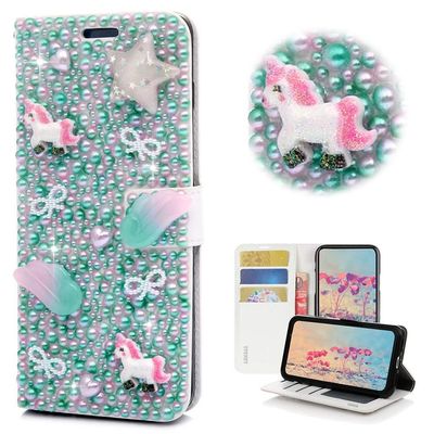 STENES Bling Wallet Case Compatible with Google Pixel 2 - Stylish - 3D Handmade Crystal Unicorn Star Bowknot Magnetic Wallet Design Leather Cover Case - Fantasy