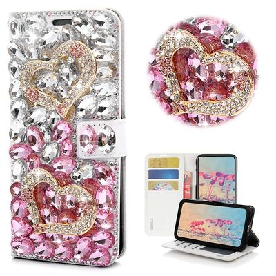 STENES Bling Wallet Case Compatible with LG Q Stylus - Stylish - 3D Handmade Crystal Heart Magnetic Wallet Design Leather Cover Case - Pink