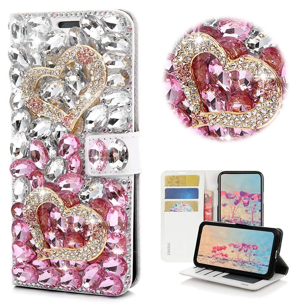 STENES Bling Wallet Case Compatible with LG Q Stylus - Stylish - 3D Handmade Crystal Heart Magnetic Wallet Design Leather Cover Case - Pink