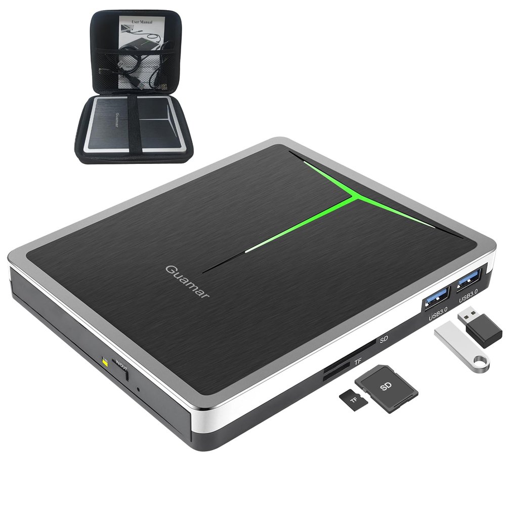 Guamar External DVD Drive for PC: USB-C CD Burner Player for Laptop Mac Windows 11 with SD/TF Slot/2 USB Ports/Carrying Case Read Write Music/Movie/Photo Portable Plug & Play