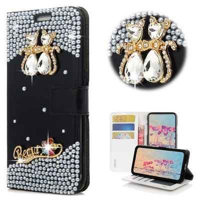 STENES Bling Wallet Case Compatible with Google Pixel - Stylish - 3D Handmade Crystal Couple Cat Flower Magnetic Wallet Design Leather Cover Case - White