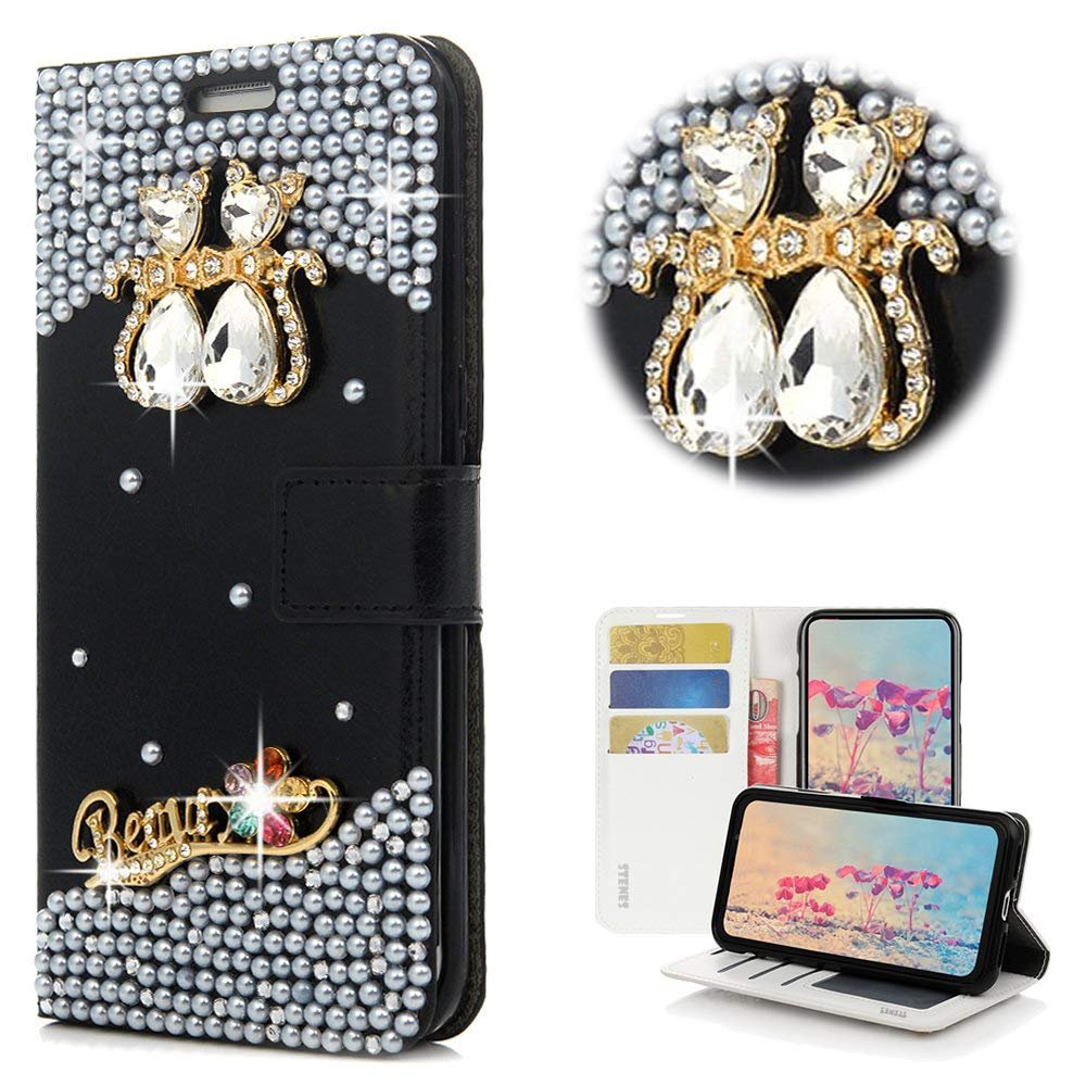 STENES Bling Wallet Case Compatible with Google Pixel - Stylish - 3D Handmade Crystal Couple Cat Flower Magnetic Wallet Design Leather Cover Case - White