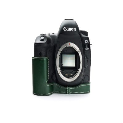 5D Mark IV Camera Case, BolinUS Handmade Genuine Real Leather Half Camera Case Bag Cover for Canon Eos 5D Mark IV Camera Bottom Opening Version + Hand Strap (Green)