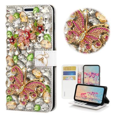 STENES Bling Wallet Case Compatible with LG Q Stylus - Stylish - 3D Handmade Crystal Flowers Floral Butterfly Magnetic Wallet Design Leather Cover Case - Green