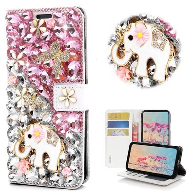 STENES Bling Wallet Case Compatible with LG Q Stylus - Stylish - 3D Handmade Crystal Elephant Butterfly Flower Magnetic Wallet Design Leather Cover Case - Pink