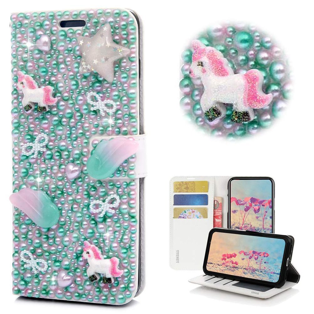STENES Bling Wallet Case Compatible with LG V35 ThinQ - Stylish - 3D Handmade Crystal Unicorn Star Bowknot Magnetic Wallet Design Leather Cover Case - Fantasy