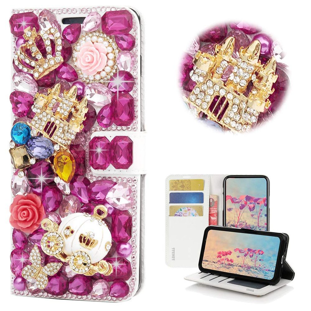 STENES Bling Wallet Case Compatible with LG V40 ThinQ - Stylish - 3D Handmade Crystal Castle Crown Pumpkin Car Butterfly Flowers Magnetic Wallet Design Leather Cover Case - Red