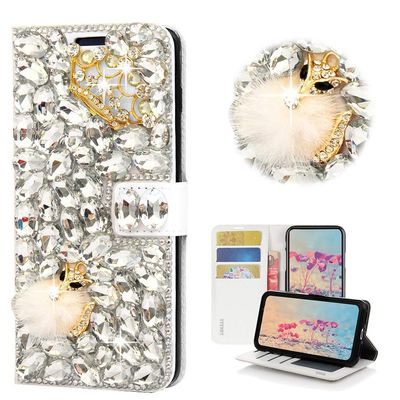 STENES Bling Wallet Case Compatible with LG Stylo 2 - Stylish - 3D Handmade Crystal Crown Fox Magnetic Wallet Design Leather Cover Case - White