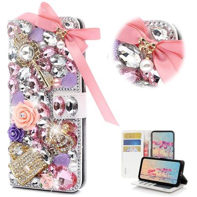 STENES Bling Wallet Case Compatible with LG V40 ThinQ - Stylish - 3D Handmade Crystal Bowknot Key Rose Bag Crown Magnetic Wallet Design Leather Cover Case - Pink