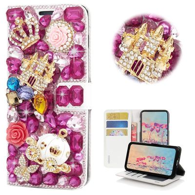 STENES Bling Wallet Case Compatible with Google Pixel - Stylish - 3D Handmade Crystal Castle Crown Pumpkin Car Butterfly Flowers Magnetic Wallet Design Leather Cover Case - Red