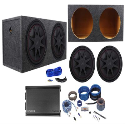 KICKER 43CVR152 2-Ohm Car Subwoofer Bundle 46CXA12001T RMS Car Amp, Sub Box Accessories Kit, Rockville RD15 Car Sub Box and RWK4CU 4 Gauge Amp Wire Kit (6 Items)