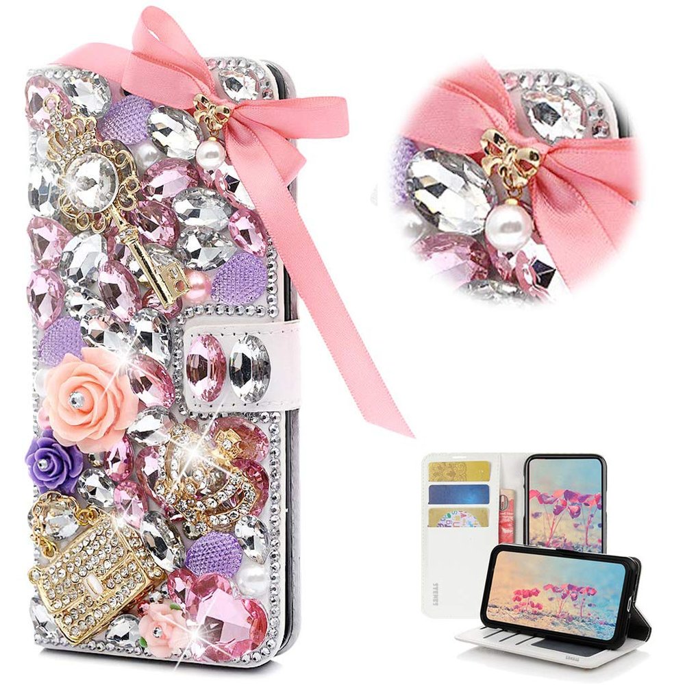 STENES Bling Wallet Case Compatible with LG V50 ThinQ - Stylish - 3D Handmade Crystal Bowknot Key Rose Bag Crown Magnetic Wallet Design Leather Cover Case - Pink