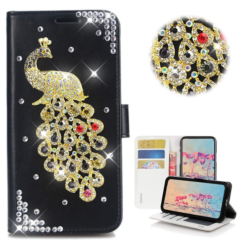 STENES Bling Wallet Case Compatible with Google Pixel 3 XL - Stylish - 3D Handmade Crystal Peacock Magnetic Wallet Design Leather Cover Case - Black