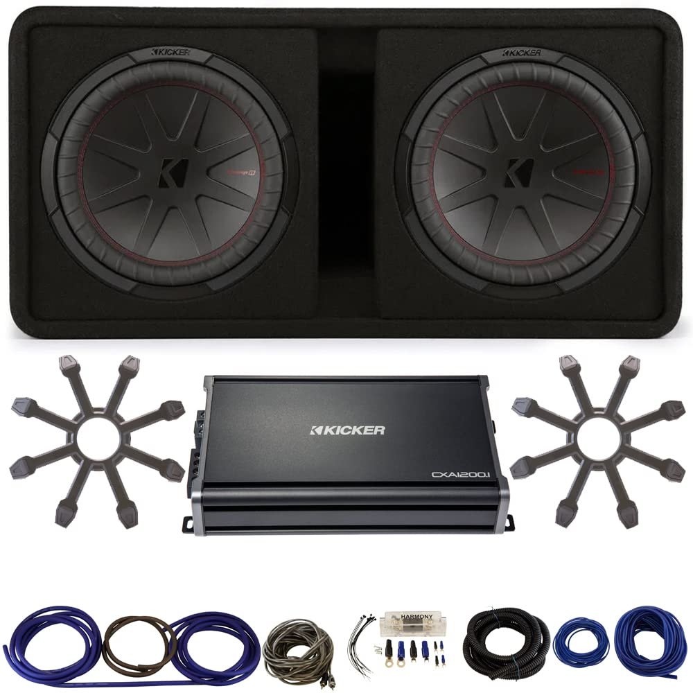 KICKER 48DCWR122-RS Universal Car Trunk Dual 12" CompR Series 1000W RMS 2 Ohm Loaded Sub Enclosure, 43CXA12001-RS Mono CX Series Class D 1200W Sub Amp and HA-AK4 1800W Amp Install Kit - Refurbished