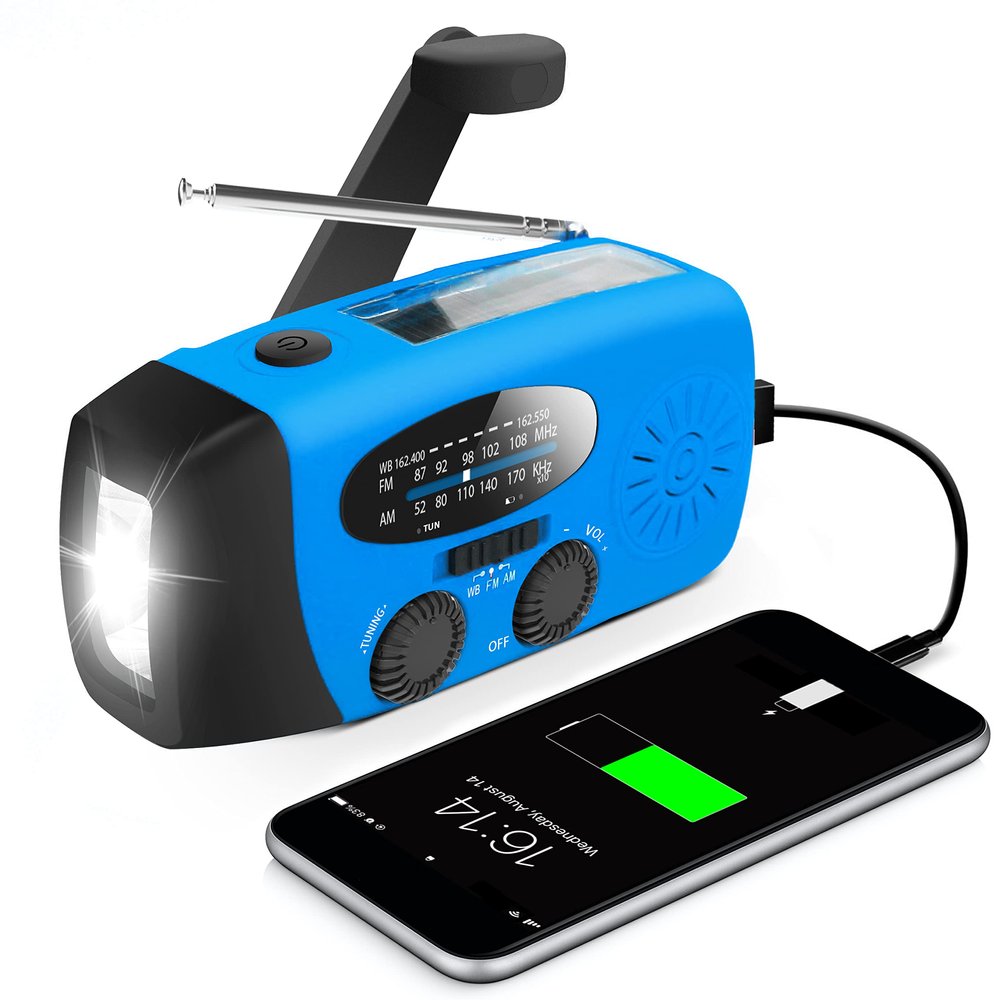 Emergency Hand Crank Radio with LED Flashlight for Emergency, AM/FM Portable Weather Radio with 2000mAh Power Bank Phone Charger, USB Charged & Solar Power for Camping, Emergency(Blue)