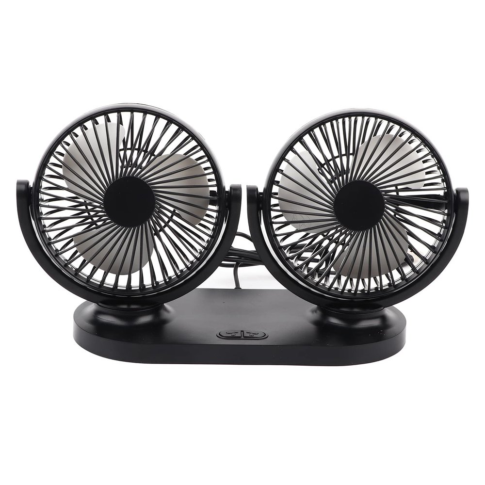 Duokon Dual Head Electric Fan, USB Dual Head 12V Car Fan Portable Air Conditioner Low Noise Auto Cooler Ventilation (Black)