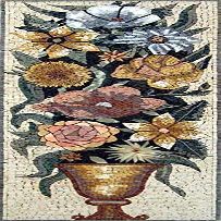 Mosaic Golden Pot of Flower Blossoms | Mosaic Designs | Mosaic Artwork | Mosaic Wall Art Floor Inlay by Mozaico | Handmade Mosaics | 16" x 44"