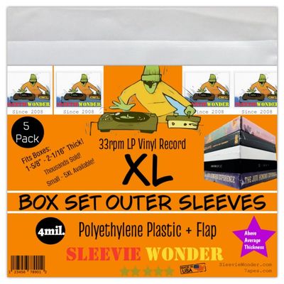 Sleevie Wonder XL Box Set Sleeves (5) + Flap 4mil Thick Strong USA Polyethylene Plastic for 33rpm LP Vinyl Record Album Boxset (+1 Free Dj Sticker)