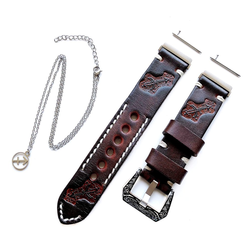 Sagittarius Zodiac Set Genuine Brown Leather Crafted Tooled Embossed Band Strap Compatible with Fitbit Versa and 25" Inch Pendant Necklace (1. Engraved Silver Color Buckle)