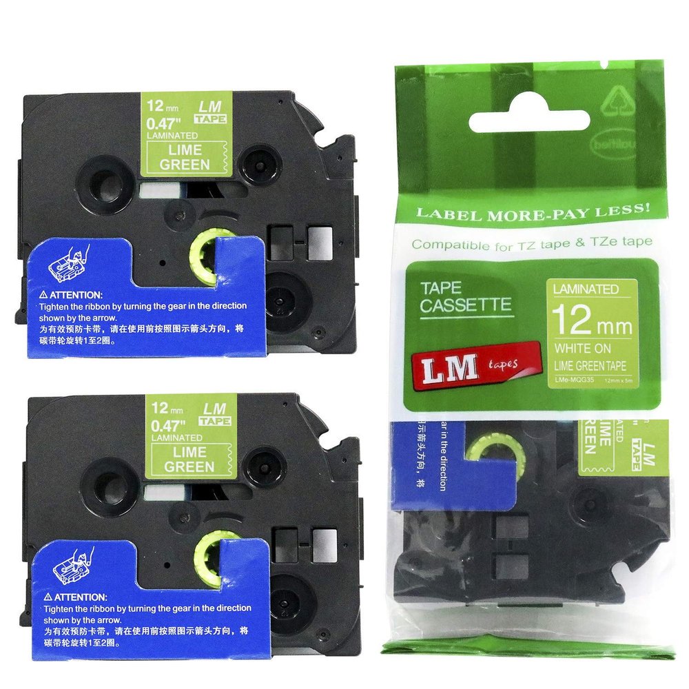 2/Pack - LM Tapes Compatible TZe-MQG35 White on Lime Green p-Touch Label Tape, 12mm Laminated replacment TZeMQG35 Tape, TZMQG35 0.47" White Ink on Lime Green Label with a Great Color/Size Guide.