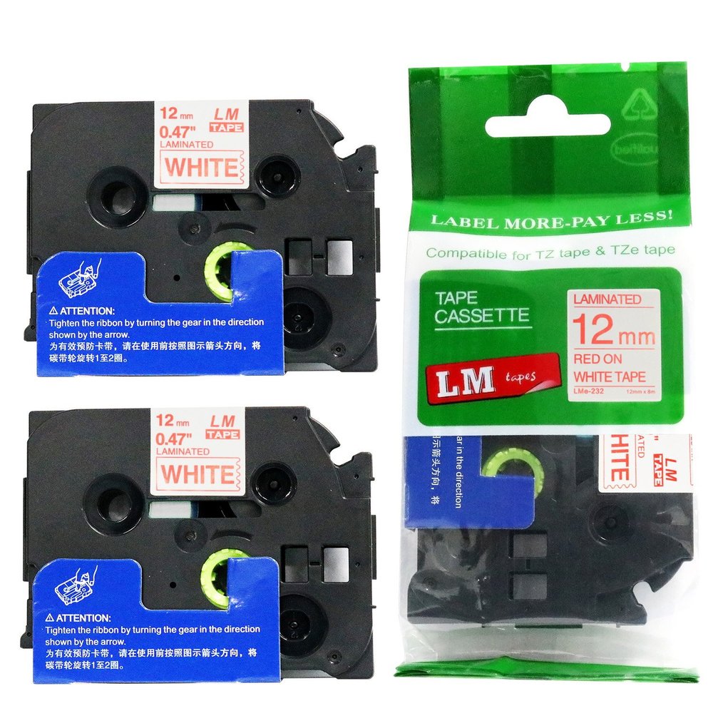 2/Pack - LM Tapes Compatible TZe-232 Red on White p-Touch Label Tape, 12mm Laminated replacment TZe232 Tape, TZ232 0.47" Red Ink on White Label with a Great Color/Size Guide.