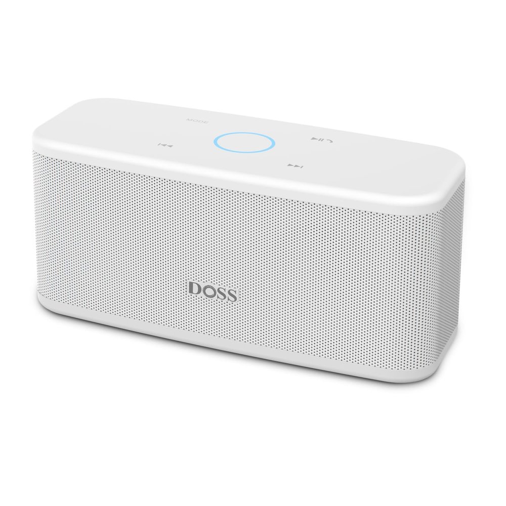 DOSS SoundBox Plus Bluetooth Speaker with Superior Sound, Bluetooth 5.0, Wireless Stereo Pairing, Built-in Mic, 20H Playtime, Portable for Hking, Beach, Camping. Outdoor, Home - White. Upgrade version