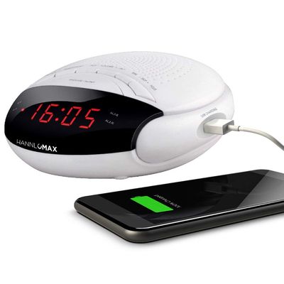HANNLOMAX HX-200 Alarm Clock Radio, PLL FM Radio, with Preset Stations, Dual Alarm, 0.6" Red LED Display, USB Port for 1A Charging, Memory Backup, AC Power Operation only. (White)