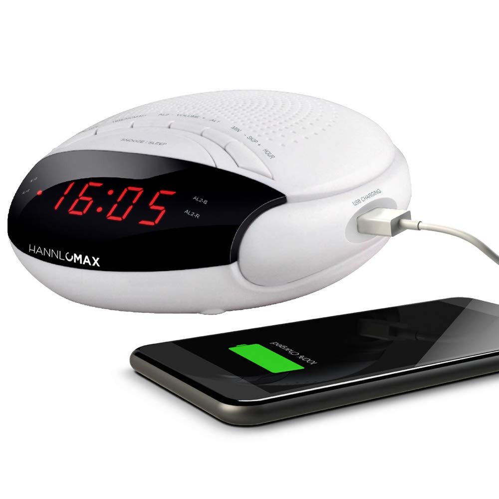 HANNLOMAX HX-200 Alarm Clock Radio, PLL FM Radio, with Preset Stations, Dual Alarm, 0.6" Red LED Display, USB Port for 1A Charging, Memory Backup, AC Power Operation only. (White)